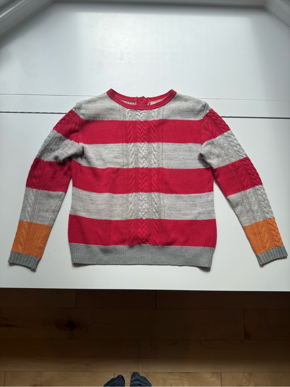 Thakoon Striped Cable-Knit Crewneck Sweater - Red, Gray & Orange